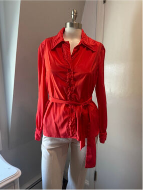 Vintage Unbranded Taffeta like Red Blouse with waist Sash